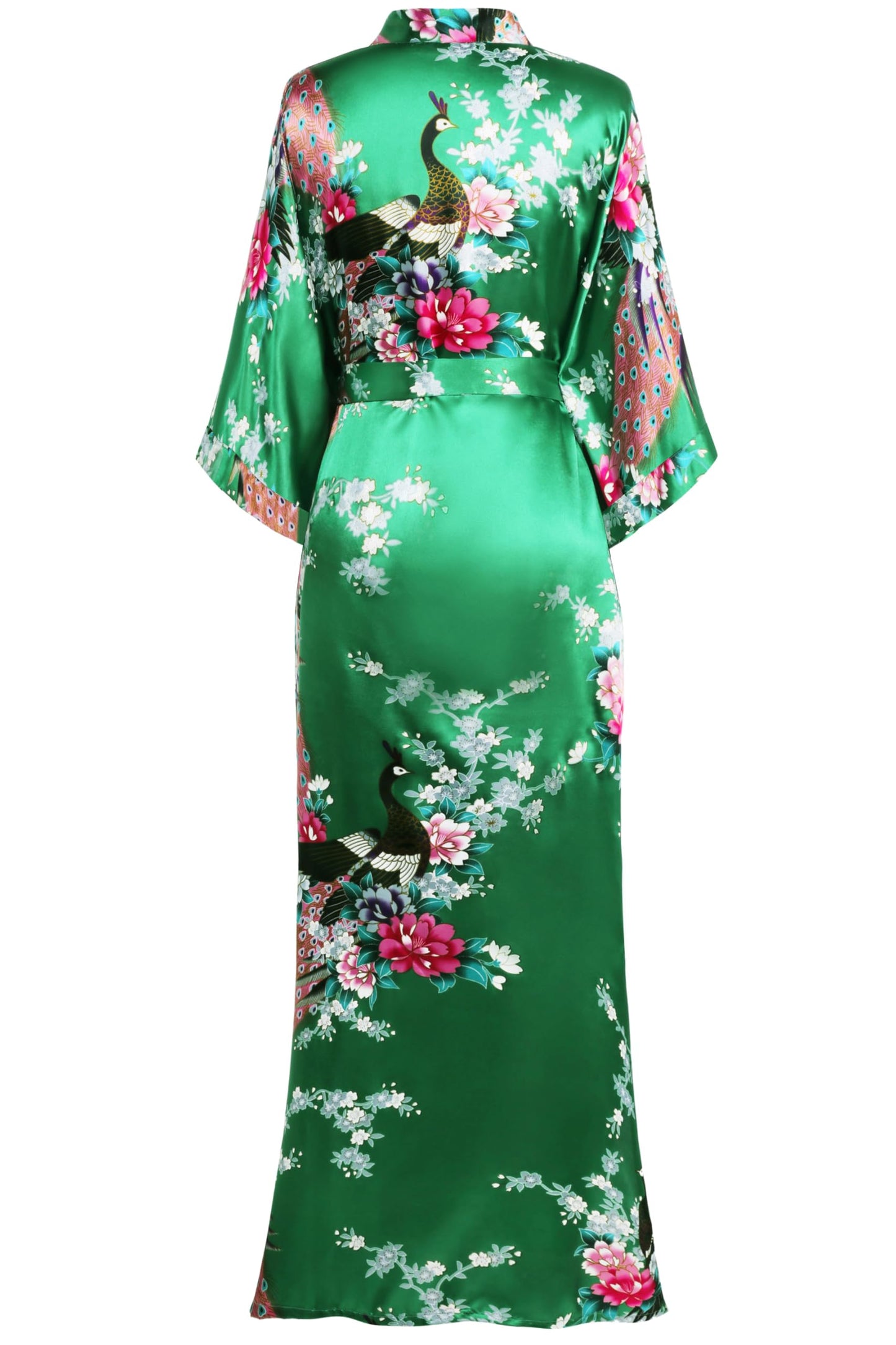 BABEYOND Women's Kimono Robe Long Satin Silky Robes with Peacock and Blossoms Printed Kimono Nightgown