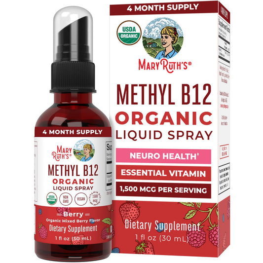MaryRuth Organics Vitamin B12 Liquid Spray | Vegan, Non-GMO, Gluten-Free | USDA Organic Supplement | Energy & Nervous System Support | B12 Vitamins for Women & Men | 1,500 mcg | 1 Fl Oz