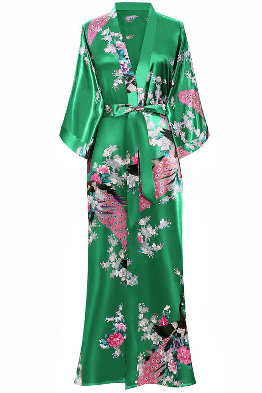 BABEYOND Women's Kimono Robe Long Satin Silky Robes with Peacock and Blossoms Printed Kimono Nightgown