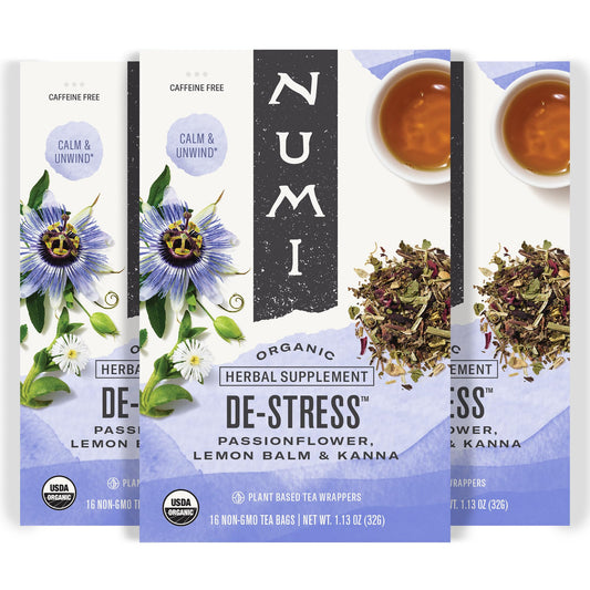 Numi Organic De‑Stress Herbal Tea 48 Tea Bags Caffeine Free Blend with Spearmint Passionflower Lemon Verbena Lemon Balm Hibiscus and Licorice for Relaxation and Calm