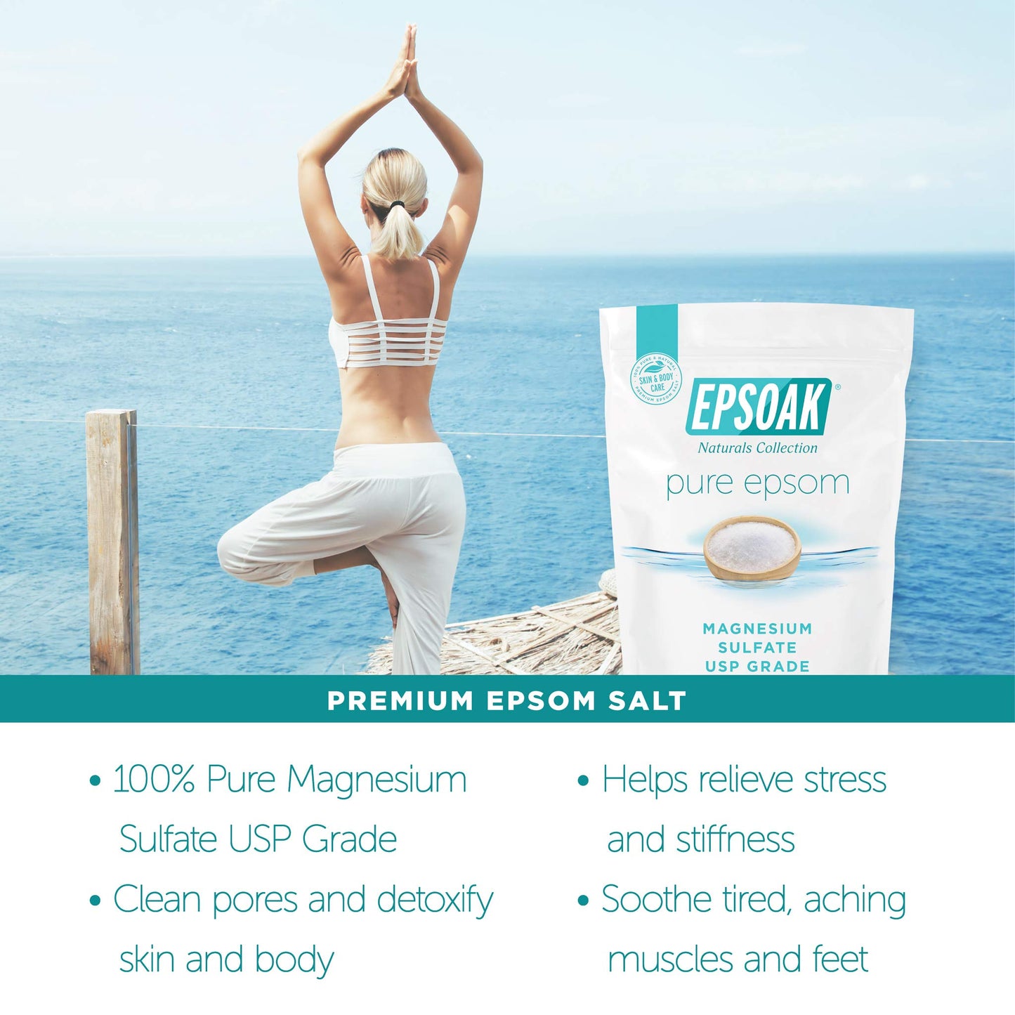 Epsoak Epsom Salt 19 lb. Magnesium Sulfate USP, Resealable Epsom Salt Bulk Bags Unscented, Made in The USA, Cruelty-Free Certified