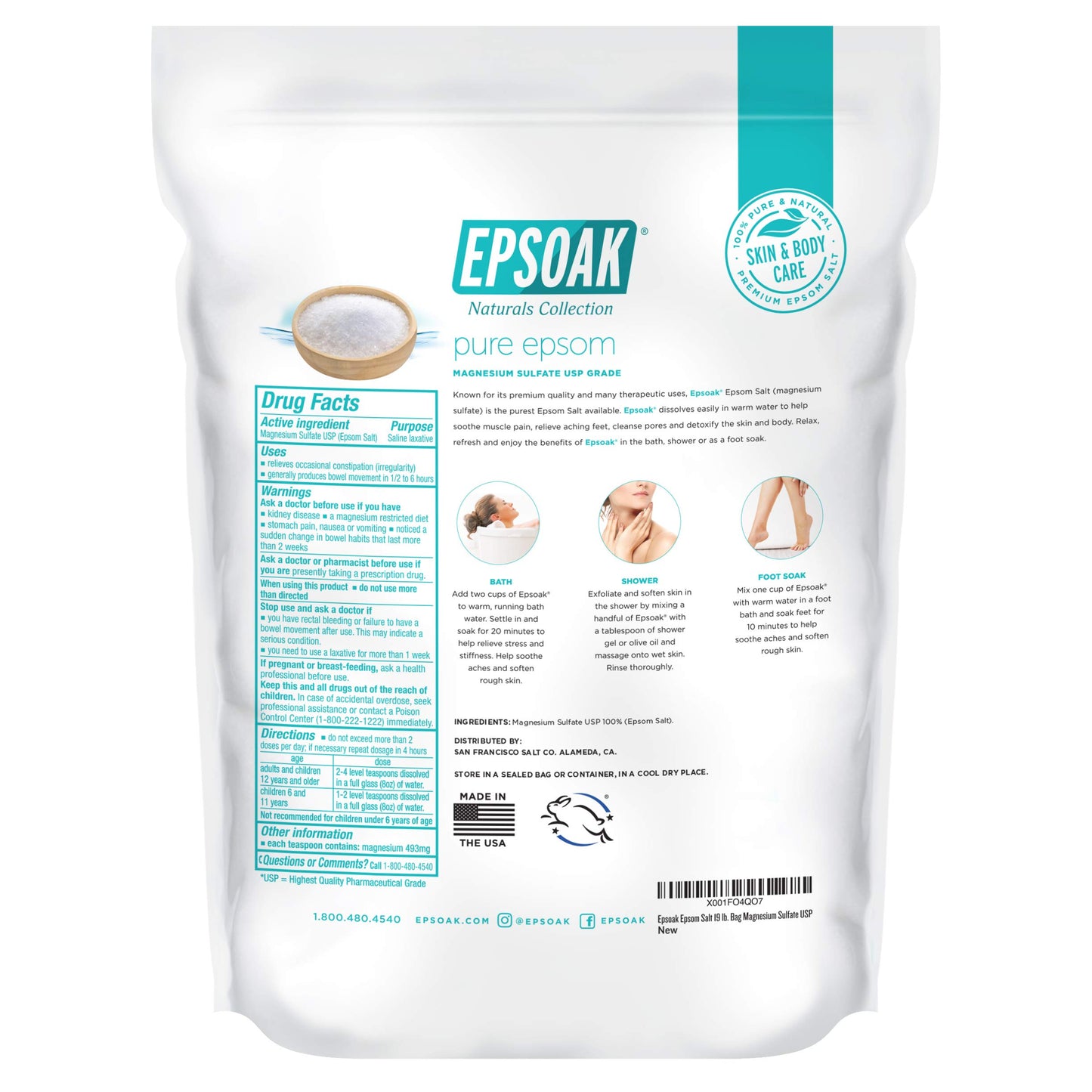 Epsoak Epsom Salt 19 lb. Magnesium Sulfate USP, Resealable Epsom Salt Bulk Bags Unscented, Made in The USA, Cruelty-Free Certified