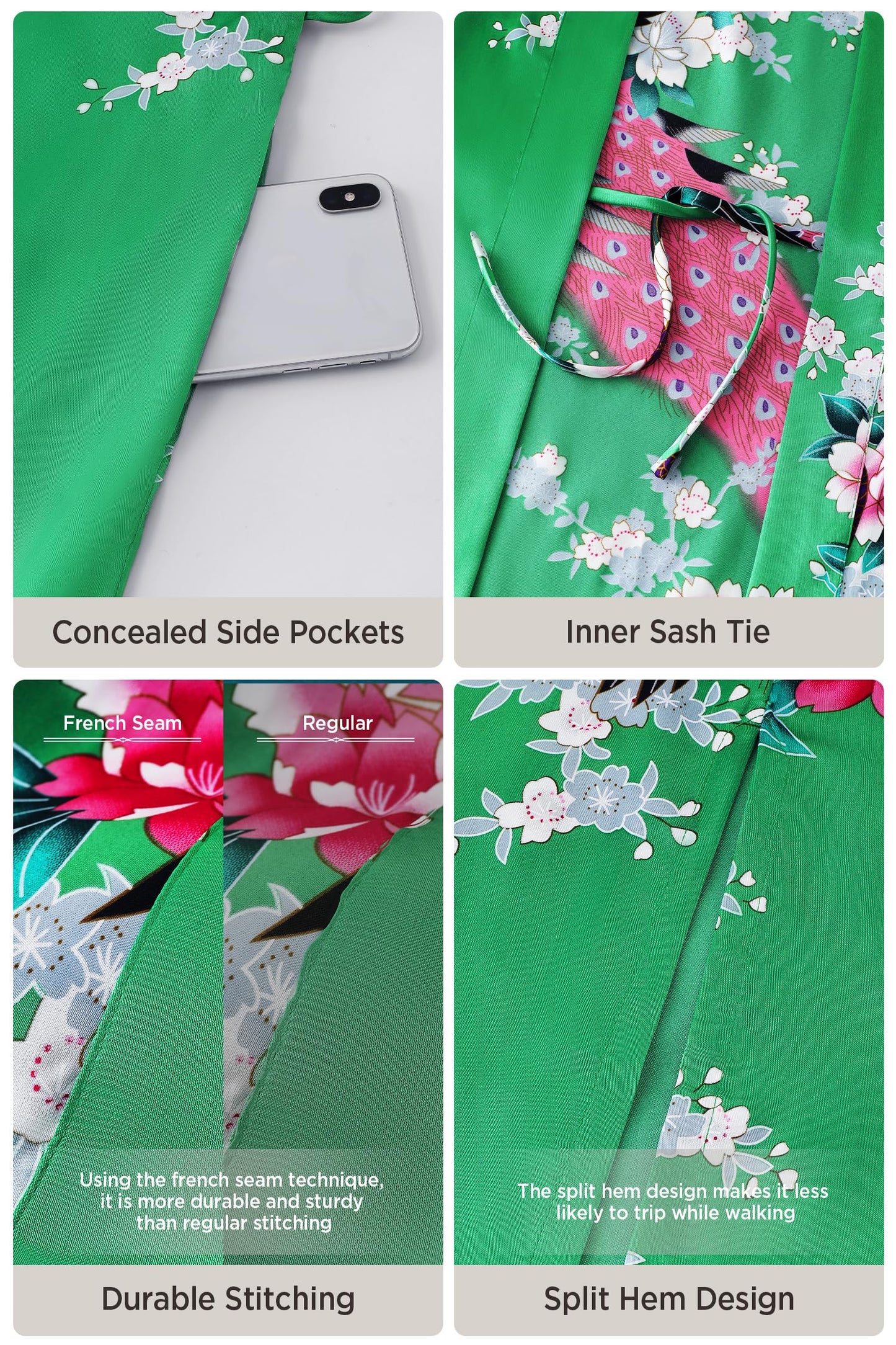 BABEYOND Women's Kimono Robe Long Satin Silky Robes with Peacock and Blossoms Printed Kimono Nightgown